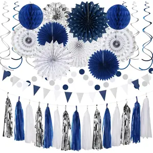 Navy-Blue White-Silver Graduation Party-Decorations - 33pcs Kits Banner, Streamers Tassel Garland,Tissue Pom Poms Honeycomb, Paper Lantern Fans,Wedding Birthday Baby Shower Backdrop Decor Hugtmr