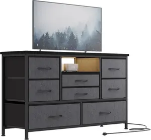 Jojoka Grey 8-Drawer RGB Lighting TV Stand with Power Outlet, MDF Wood Top Console Table for 55" TV, 22 Light Modes, Apartment Furniture, Furniture for Apartment for Bedroom & Living Room