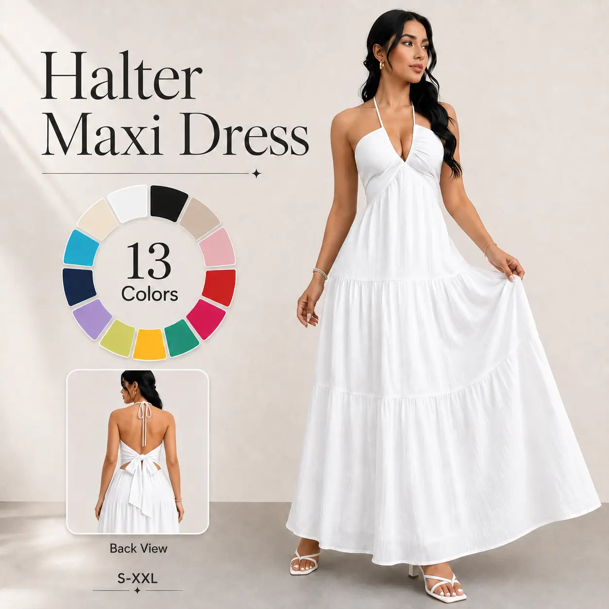 Women Halter V Neck Tiered Maxi Dress Backless Tie Bow Flowy Long Dress Sleeveless Ruched Bust Summer Beach Vacation Sundress 13 Colors S-XXL Casual Wedding Guest Party Long Dress