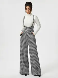 Women's Houndstooth Wide-Leg High-Waisted Pants, Loose Fit Long Regular Commute Casual Fashion Spring Fall