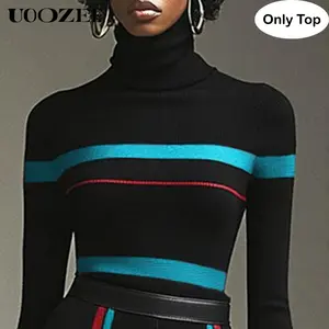 UOOZEE Women's Ribbed Contrast Color Striped Knitwear Long Sleeve Slim Turtleneck Pullover Top - Autumn Winter Skinny Piece, Ideal for Office, Pair with Cardigan, Blazer (Sizing Runs Small - Check Size Guide or Order Larger)