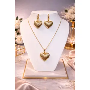 14K Gold Plated XP Ribbed Heart Jewelry Set