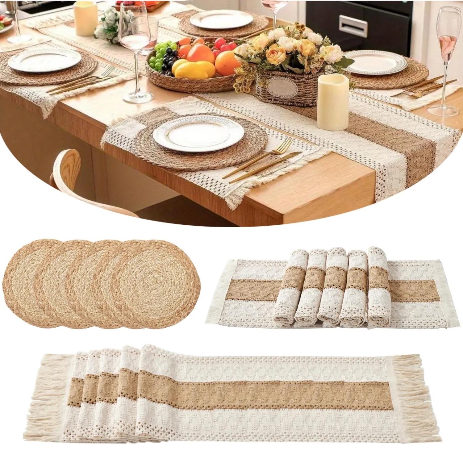 Boho Placemats Set of 13 PCS - Handmade Grass Woven Meal Mats and Natural Cotton Linen Burlap, with 1 Macrame Burlap Table Runner 12x70inch, Table Mats Set for Dining Table Kitchen