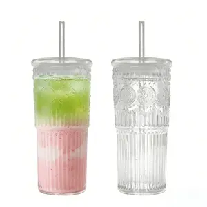 Glass Iced Coffee Cup With Lids and Straws, 24 OZ High Borosilicate Glass Tumbler for Water Smoothie Juice Drinks, Modern Glass Mug for Cold & Hot Beverages, Mother's day Gift