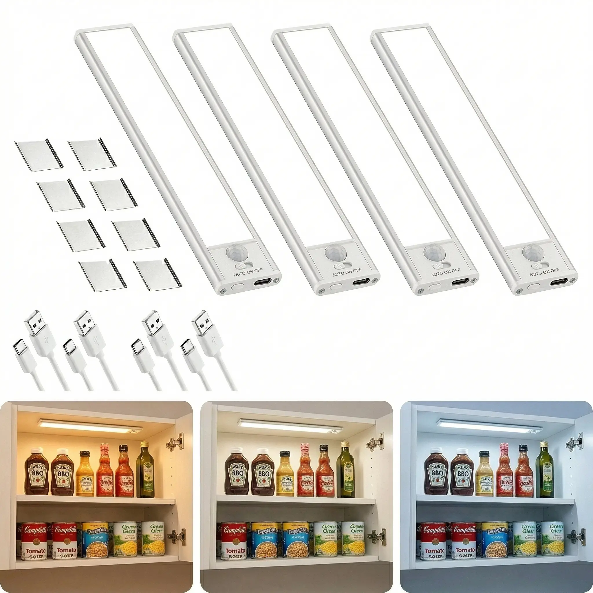 【GLEAM】4 Pack Under Cabinet Lights,Motion Sensor Night Light Indoor,2100mAh USB Rechargeable Light,Magnetic Installation Dimmable Lights for Kitchen,Wardrobe,Pantry, Closet,Bathroom,Stairs,Sink Cabinet, or Garage