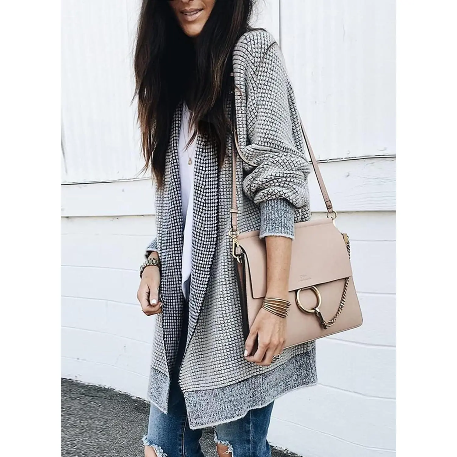 Women's Oversized Checkered Knitwear Cardigan - Chunky Knit, Open Front, Long Batwing Sleeves, Everyday Fabric, Perfect Fit Single Piece Sweater Coat for Casual Outdoor Leggings Pairing, Elastic
