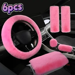 6pcs Luxury Winter Fashion Imitation Rabbit Fur Steering Wheel And Handbrake Cover Set - Soft, Fluffy, Warm, Universal, Suitable for Sedans/Suvs.