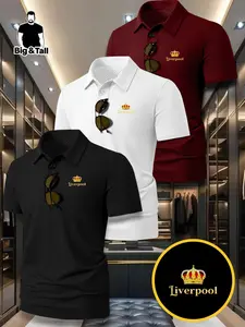 Men's Summer Large Size Polo Short Sleeve Ice Silk Shirt, Business Casual Liverpool Crown Print, Lightweight Comfortable Quick Dry Breathable