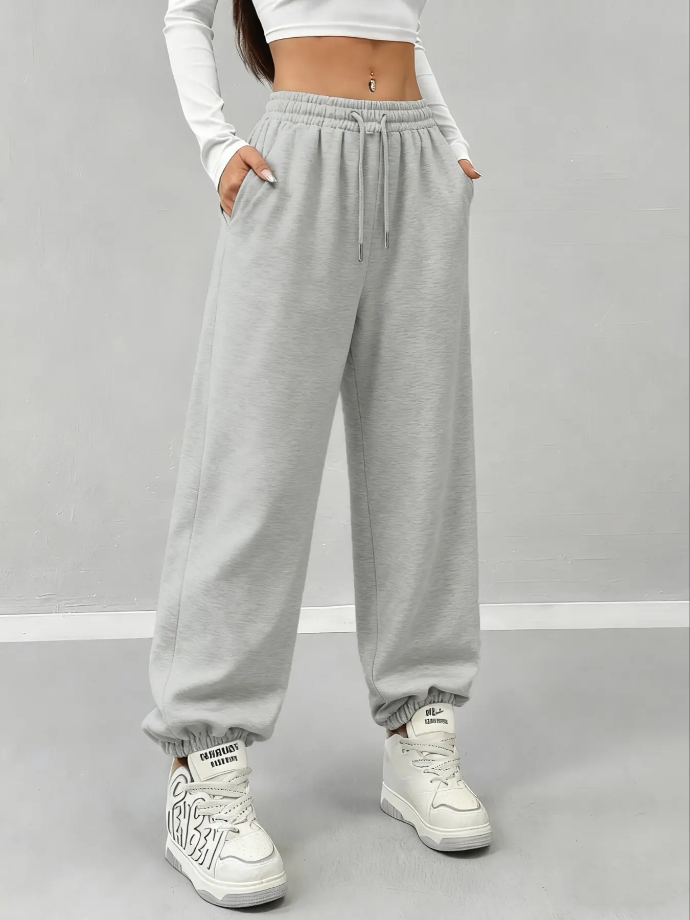 Women's Solid Color Waist Pocket Jogger Pants, Comfortable Thickened Long Sweatpants for Fall & Winter, Sporty Loose Fit Design Workout Casual Baggy, Baggy Jogging Pants