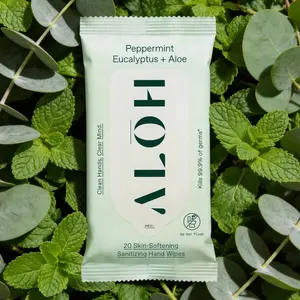 ALOH Hand Sanitizer Wipes Peppermint Eucalyptus + Aloe Vera, Natural, Skin-Softening, 99.9% Germ Protection, Hydrating, Scented with Pure Essential Oils, Leaping Bunny Certified