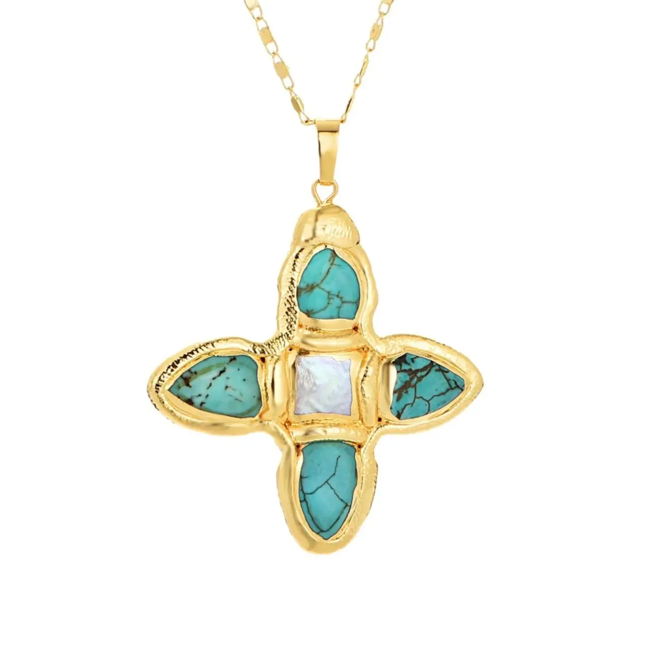 Maison Foufou Lou Turquoise Golden Necklace - Brightly Colored, Colorful Embedded Stones Emblem clavicular Charm Herringbone Jewelry for Beach & Vacation Summer Looks, Brightly Colored Necklaces, tarnish Colorful Necklaces proof