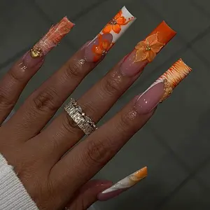 O1 Orange Blossom Press-On Nails, 3D Floral Art and Hand-Painted Stripe Details, Warm Orange and Nude Pink Tones, Feminine Summer Style, Solana Nails Town