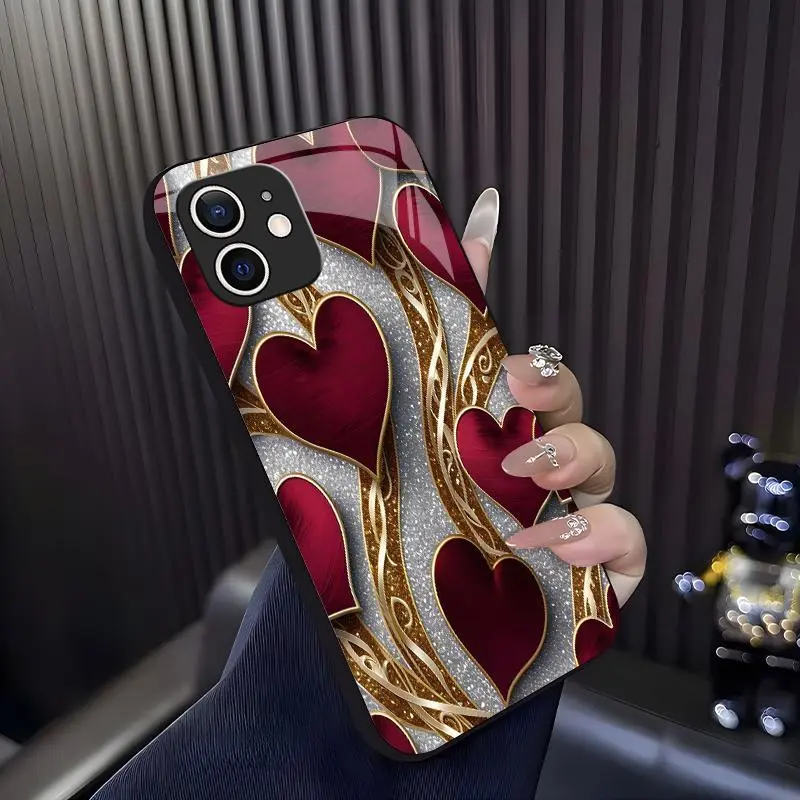 Luxurious romantic heart case for iPhone 11, elegant gold trim love pattern cover, best gift for her, anniversary, aesthetic phone accessory — 975