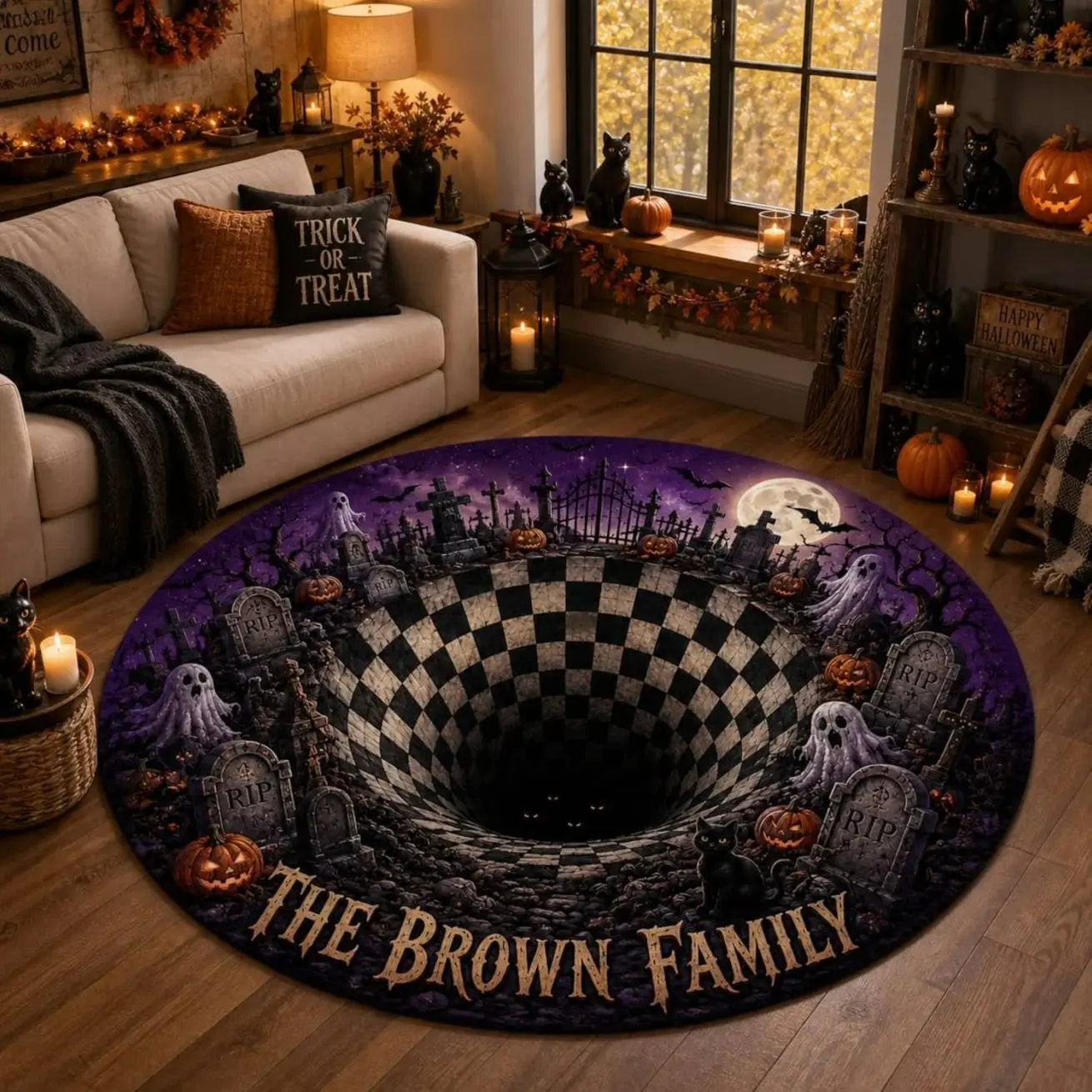 Personalized 2D Illusion Halloween Graveyard Round Rug Checkerboard Floor Mat
