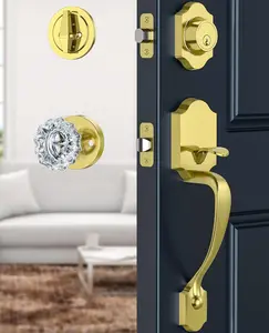 Front Door Handle Set with Interior Crystal Glass Door Knob, Reversible for Right & Left
