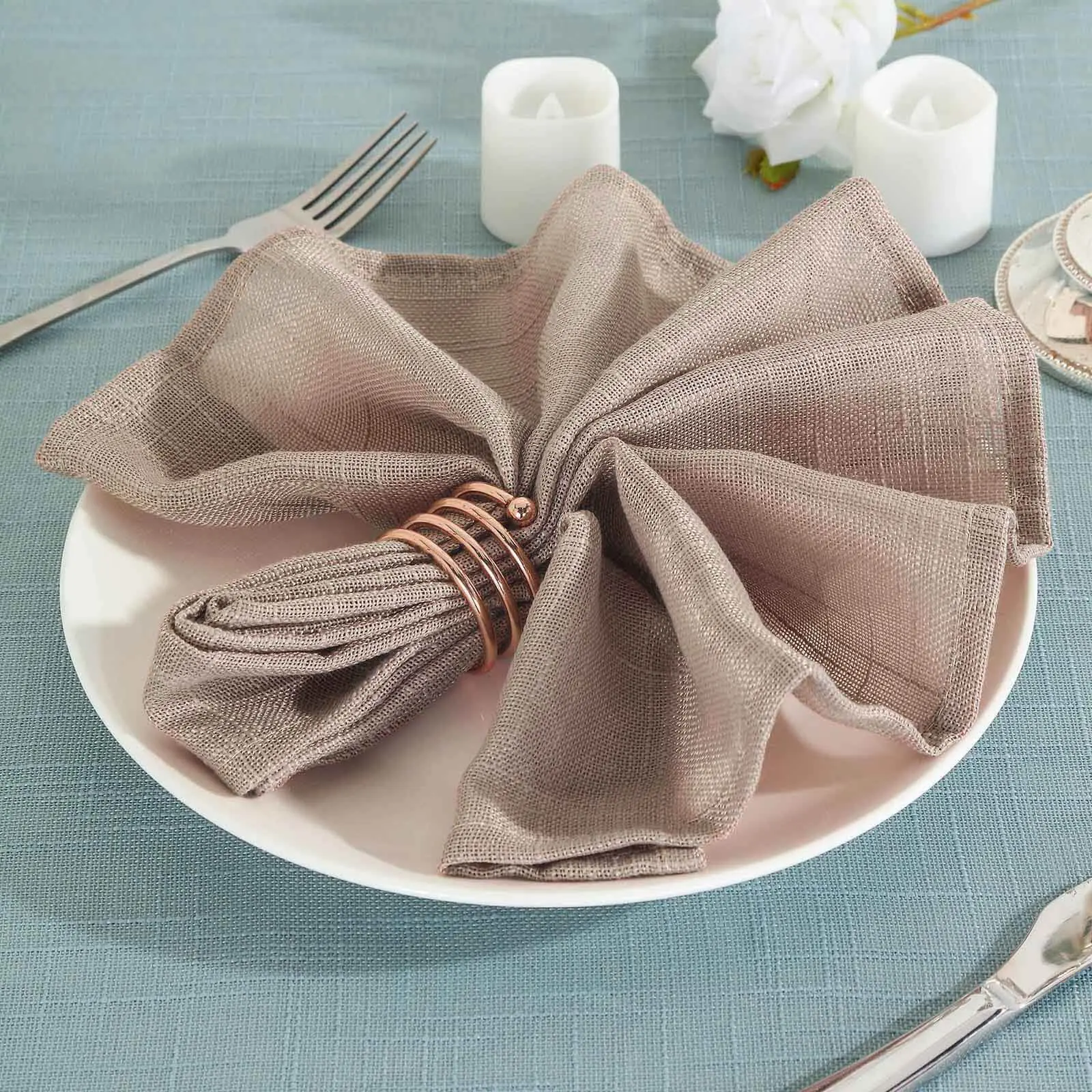 Faux Linen Napkins, 5-Pack 20"x20" Taupe Cloth Napkins - Slubby Textured, Wrinkle Resistant Kitchen Tableware