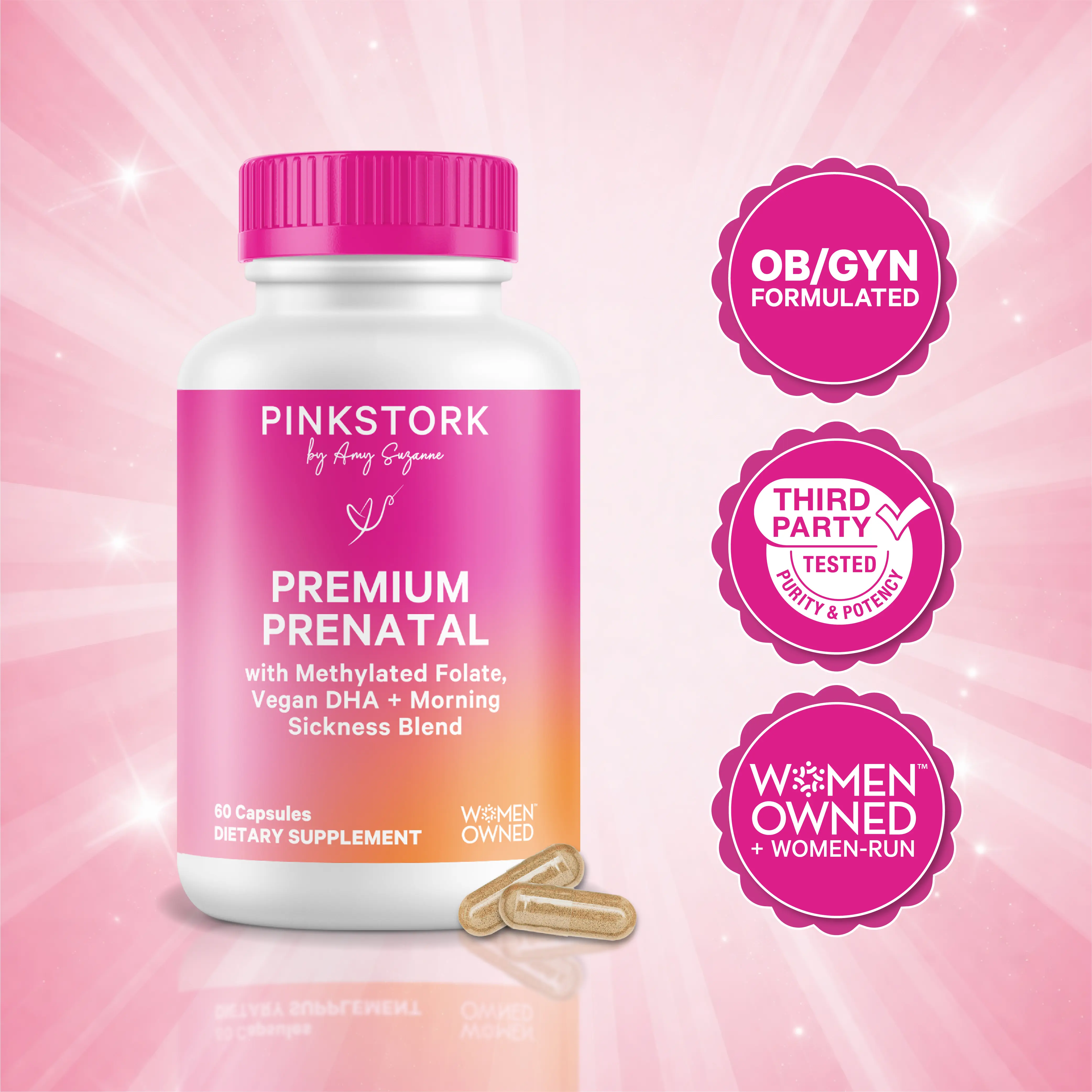 Pink Stork Premium Prenatal Vitamins for Women - with Probiotics + Digestive Health Blend - 1 Month Supply