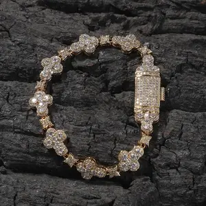 [ICE HUE]18K Gold Vacuum Plated Copper with 5A+ Sri Lanka Zircon Ice out Cross Flowers 10mm Bracelet Miami Italy Mexico & Micro Inspired for Women & Men Jewelry,Daily Wear,Casual Fashion,Gift Idea,,Classic,Hip Hop,Simple,Sporty Style, Fashionable Jewelry,