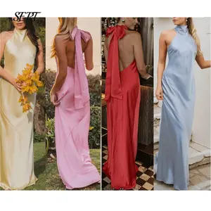 Halter Long Satin Bridesmaid Dresses for Wedding A Line Maxi Prom Formal Evening Gown 2026