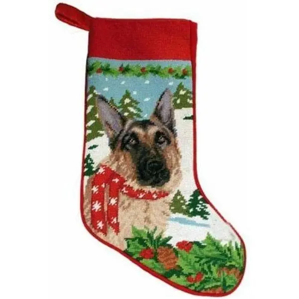 Festive German Shepherd Dog Needlepoint Christmas Stocking