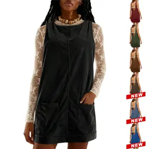 Tanming Women's Corduroy Overall Dress Round Neck A Line Skirtall Jumper Mini Dress Pinafore with Pockets Holiday Party Dress