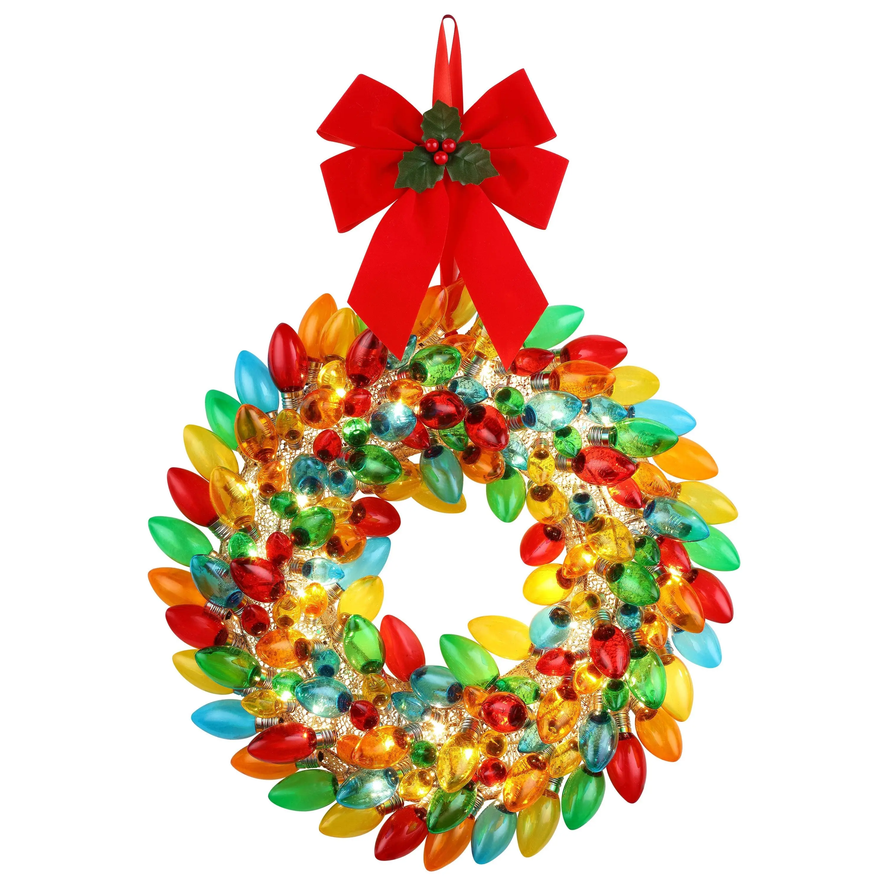 17 in. Retro C9 Bulb Christmas Wreath - Multi-Color LED Ornament Lights, Colorful Light-Up Christmas Decoration