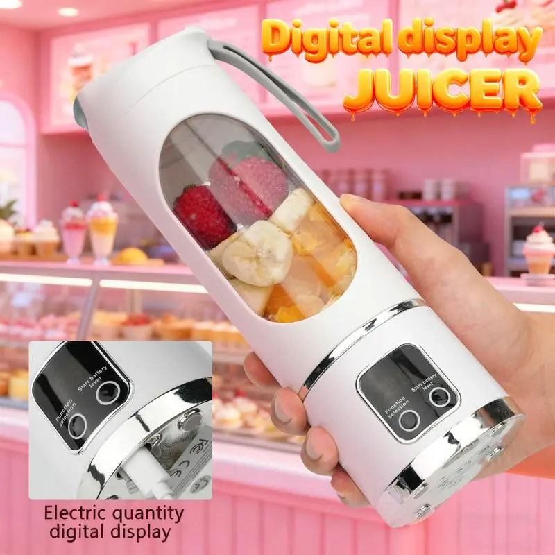Portable Juicer 450ML with LED Display, USB Rechargeable Handheld Juice Blender, Self-Cleaning, BPA-Free, with Ice Crush Function for Smoothies and Juices.
