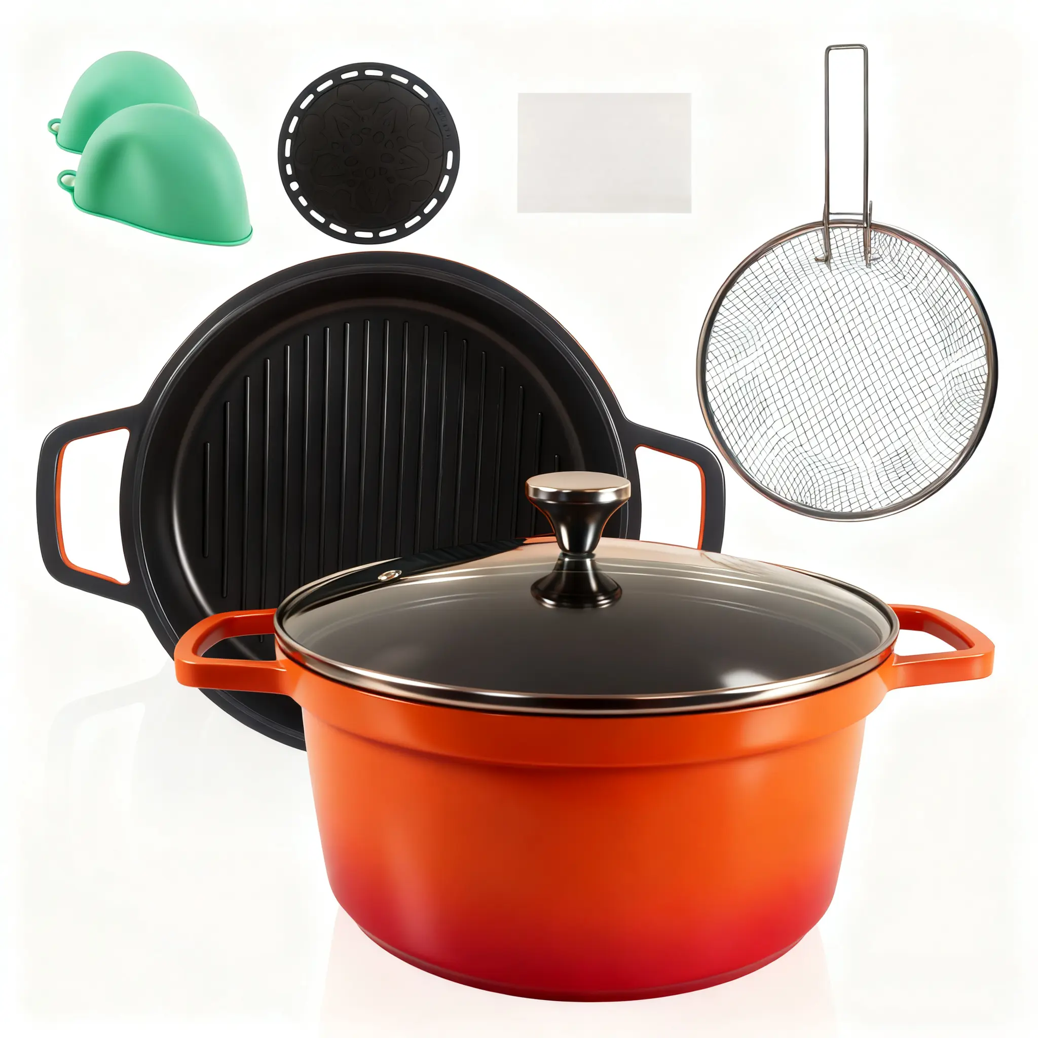 2-in-1  Cast Iron Dutch Oven Pot with Skillet Lid Set,5QT Pot for Cooking, Baking, Frying and Camping, All Cooktops, Oven Safe to 500F, CookwareKitchen,Wide Handles Even Heat Distribution