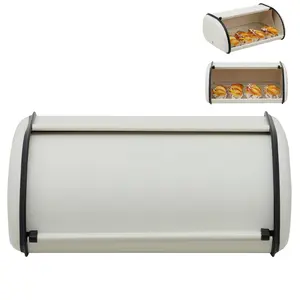 Large Bread Box for Kitchen Countertop, Food Storage Stainless Steel Double-Layer Bread Storage Container with Window, Farmhouse Pantry Organizer, 13.8" l x 9" w x 5.9" h, Beige