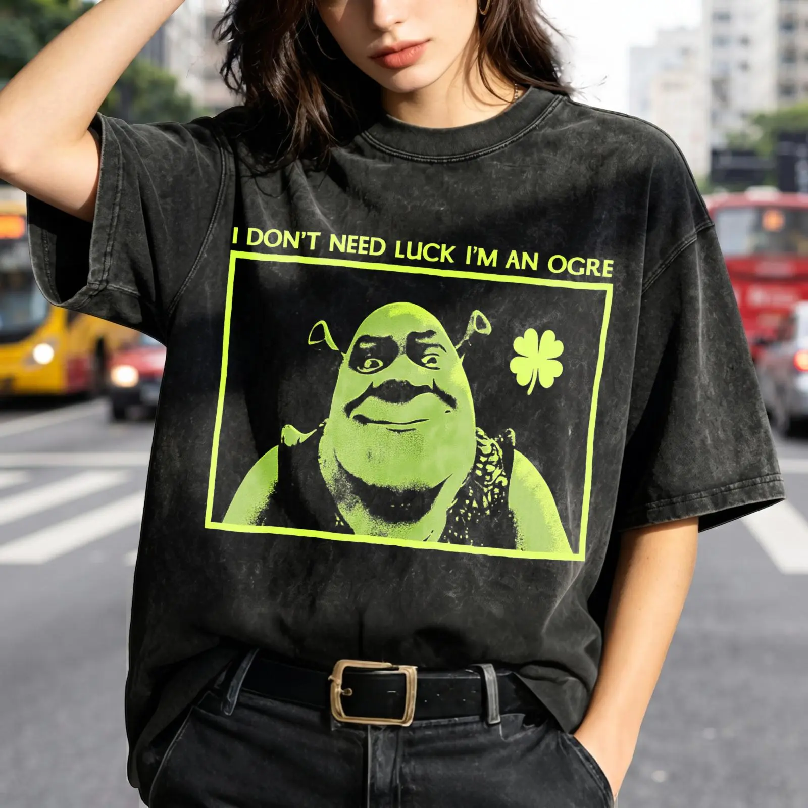 Shrek Graphic Tee Women's Vintage Washed T-Shirt I Dont Need Luck Im An Ogre Oversized Graphic Tee Outdoor Casual Short Sleeve