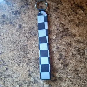 Wristlet Keychain Black and White Checkered with Black and White Stars Design