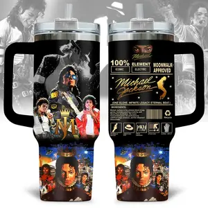MJ King of Pop 40oz Tumbler With Handle, Iconic Music Legend Travel Mug, Moonwalk Aesthetic Insulated Cup Gift
