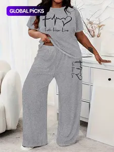 【Plus Size】 Two-piece Set Letter Print Tee & Pants, Casual Round Neck Shortsleeve T-shirt & Trousers, Casual Lounge Set, Matching Clothing Set, Women's Summer Clothes for Daily Wear, Soft Lounge Sets, Womenswear