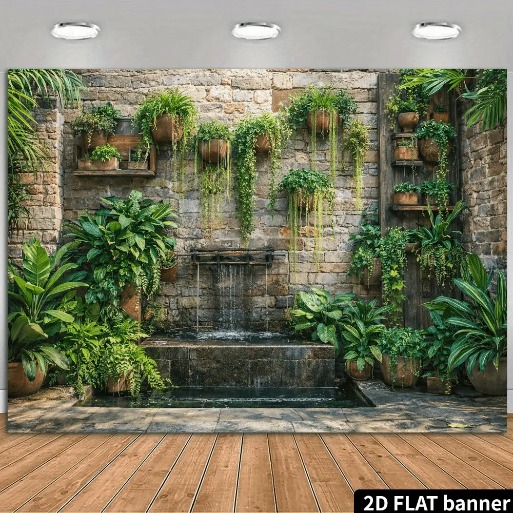 2D Flat Banner, 1pc A Themed Backdrop Featuring a Serene Stream in a Garden Setting with a Forest-Style Stone Wall Design, Including Elements Like a Gentle Waterfall, Hanging Greenery, And a Pond. Made from Pol Jungle Backdrop, Polyester Backdrop Banner