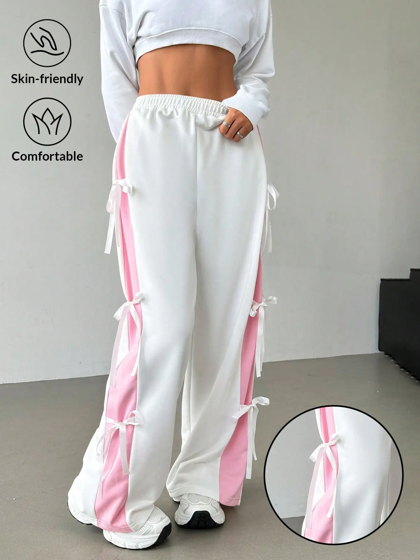 Women's Elastic Waist Color Straight Leg Casual White Sweatpants With Bow Tie