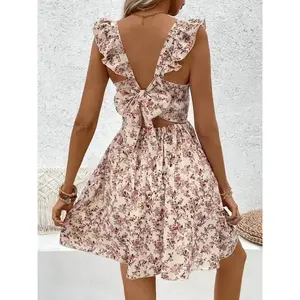 Women's Ditsy Floral Print Dress, Boho Sleeveless A Line Dress for Beach Holiday Vacation, Ladies Summer Clothes