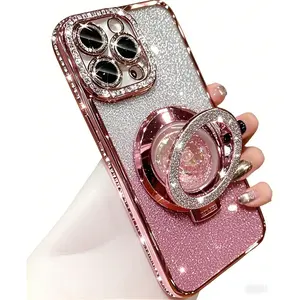 OREKROY Glitter Kickstand Case for iPhone 16 15 Pro Max 16 Plus 15/14/13/12, Luxury Bling Sparkly Diamond Rhinestones with Camera Protector Liquid Flowing Ring Stand TPU Bumper Women Girls Case Gift