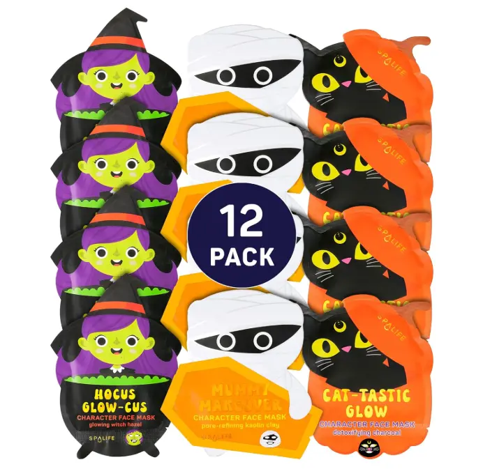 SpaLife Beauty Halloween Face Mask Spooky Glow Bundle | Korean Facial Masks | Pore-Refining, Detoxifying, and Brightening Face Mask Set | Halloween Gifts for Women | Facial Sheet Masks | 12 Pack