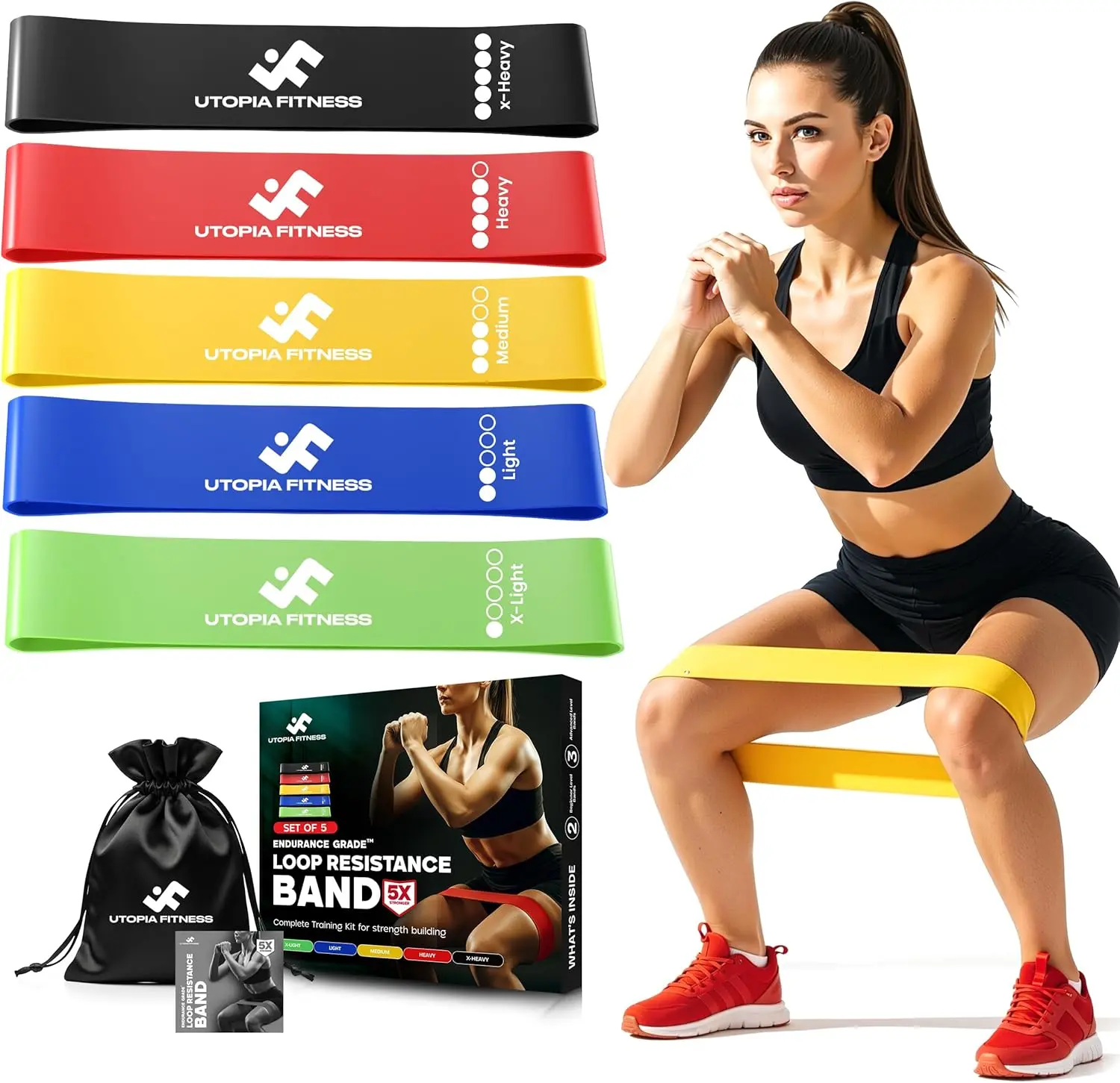 Utopia Care Women's Loop Resistance Bands, 5-Piece Natural Rubber Non-Slip Set - Multi-Functional Gym/At-Home Glute Growth, Core & Resistance Training Yoga Equipment, Arm Workout For Woman, Gym Bag, Home Workout