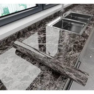 White Grey Glossy Marble Self Adhesive Wallpaper Thick Removable Waterproof Peel and Stick Vinyl for Kitchen Countertops Cabinet Furniture DIY Home Renovation Upgrade Easy Install