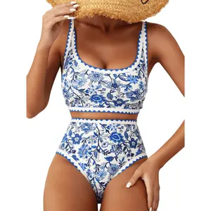 Print High Waist Bikini Set – Adjustable Straps, Elastic Band & Openwork Design,Swimwear for Women Beach Swimming Sport, Bathing Suit Stylish Beachwear