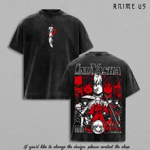 Inuyasha Kagome Higurashi Sesshomaru Kikyo Miroku Sango Shippo Anime Shirt Vintage Washed Oversized Tee Red Graphic Back Print Heavy Cotton Streetwear Manga Gift