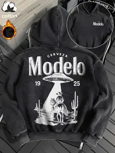 Cotton clothing, "Modelo" beer and western style letter print, a plush casual sports hoodie, retro style washed cotton long-sleeved hooded sweatshirt, autumn and winter women's clothing