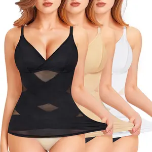 Women's Tummy Control Shapewear Compression Cami Tanks, V-Neck Cross Mesh Breathable Camisole Tops with Built-In Bra Womenswear Spaghetti Strap Underwear Basic Comfort Vest