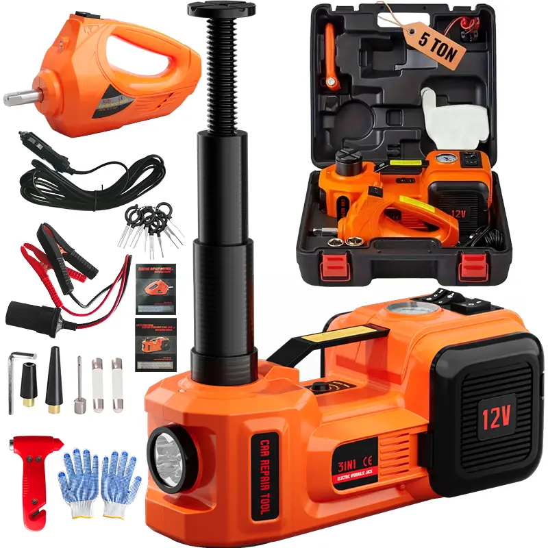 SZTAA Heavy Duty 5t Lift 12V Hydraulic Floor Pad Electric Vehicle Jack - Mechanic Tools Kit with Impact Wrench, Air Pump, Auto Parts Accessories for Emergency Fix, Portable Holiday Gift