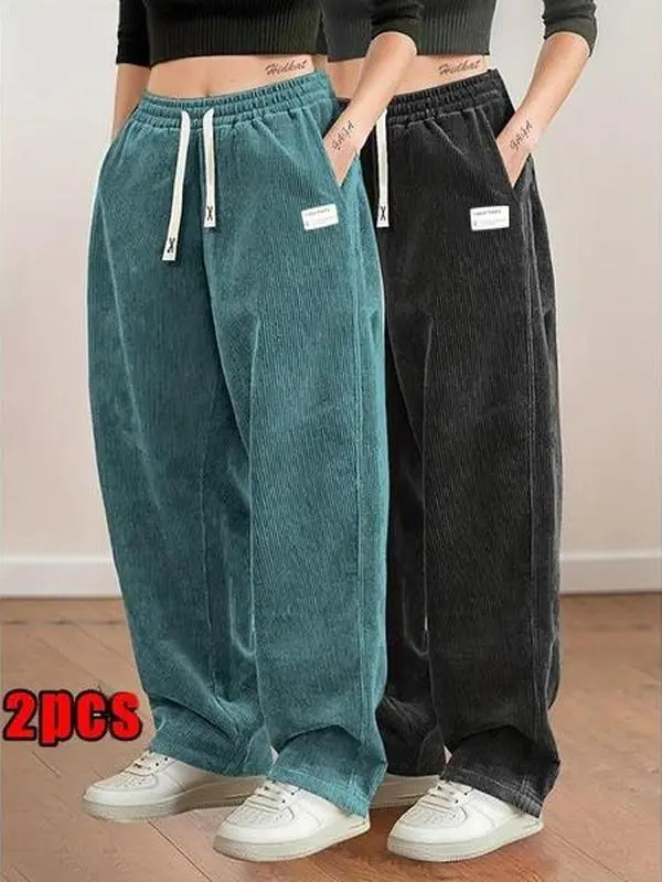 Women’s corduroy wide-leg pants two-pack — high-waisted drawstring design; drapey, fashionable, lightweight, breathable, comfortable casual lounge long pants that are non-stretchy and durable; Bottom Style Womenswear
