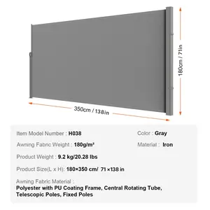 VEVOR Retractable Side Awning, 71''x 138'' Outdoor Privacy Screen, 180g Polyester Water-proof Retractable Patio Screen, UV 30+ Room Divider Wind Screen for Patio, Backyard, Balcony, Gray