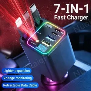 [Father’s Day Gift] 7-in-1 Retractable Car Charger: 120W Max Fast Charging Station with 3 Cables, 4 Ports & 180° Swivel | LED Voltage Display &  | Premium Car Accessories for iPhone & Android | Essential Road Trip Gadget & Organizer