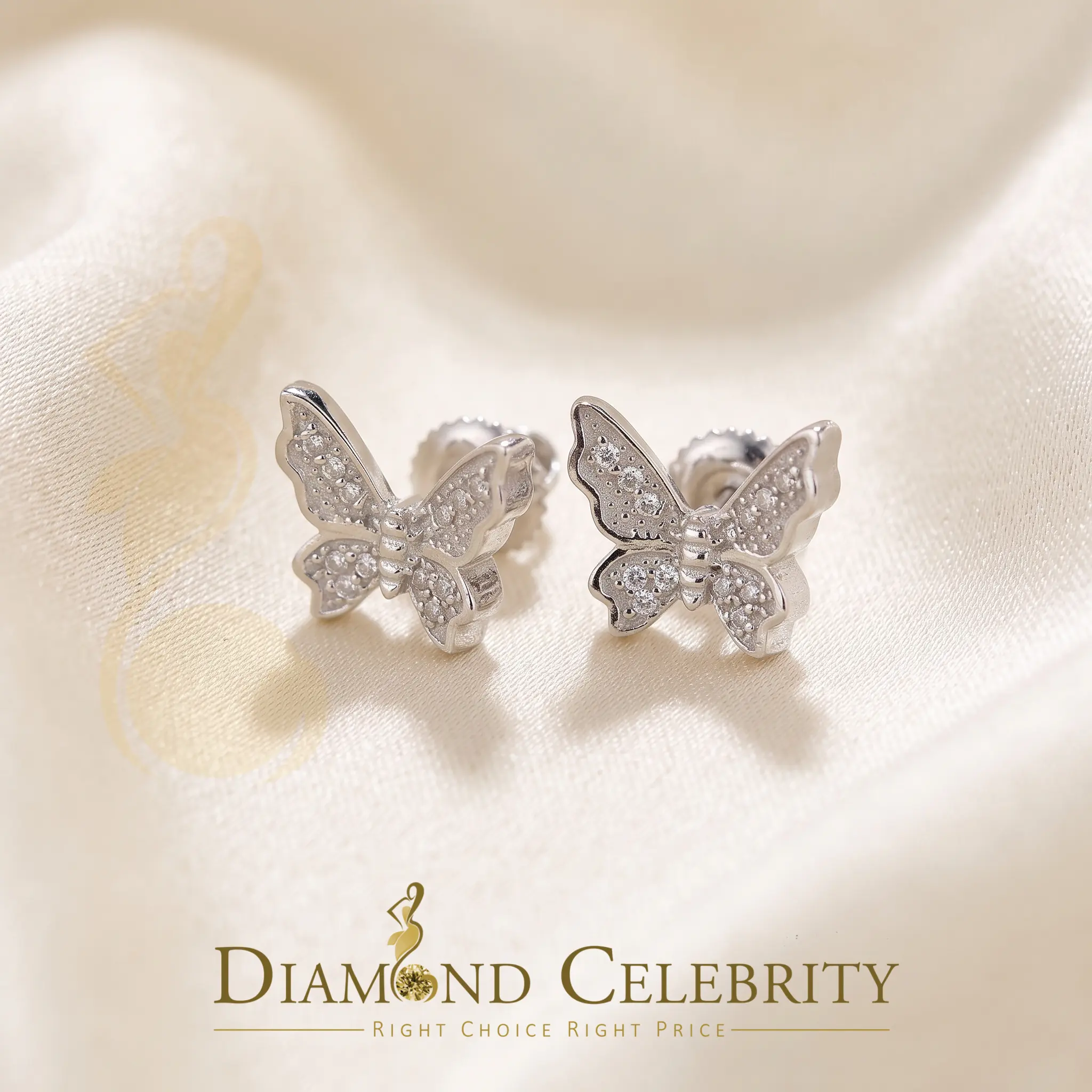 DiamondCelebritees Men's & Women 0.10ct Real Diamond Stud Butterfly Earrings in White 925 Silver
