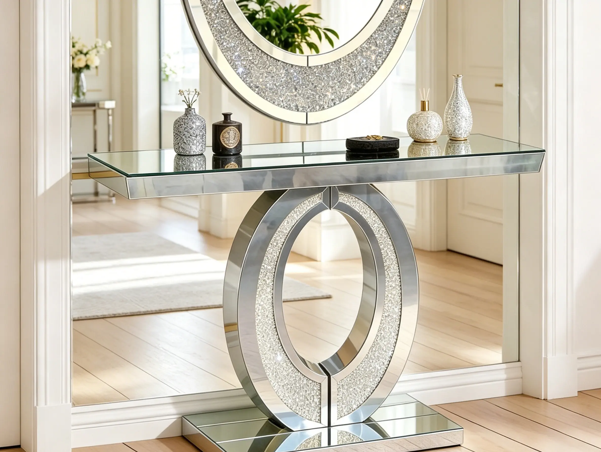 Large Mirrored Olive-Shape Console Table with Crushed Diamond Accents, Indoor Living Room Decor Furniture